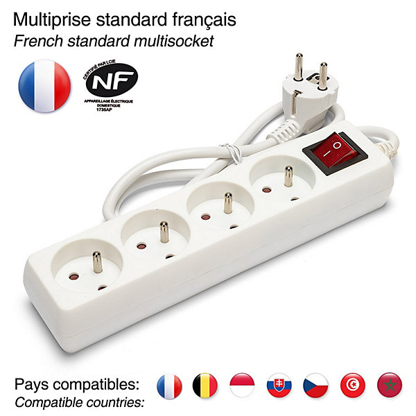 Bloc multiprise 4x16A avec interrupteur, 1m, CE &NF