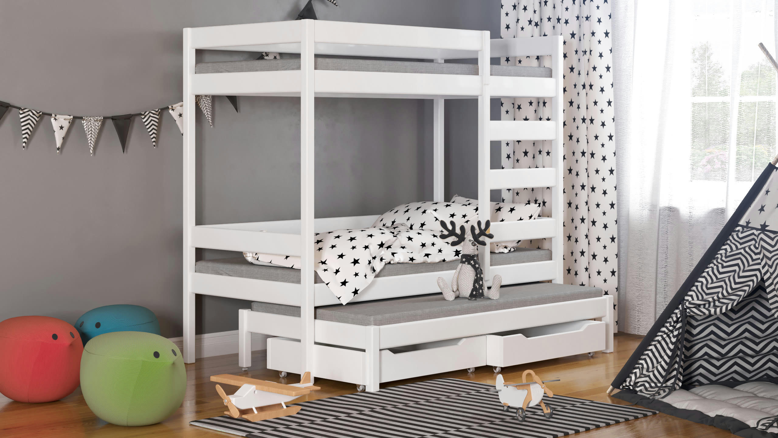 - Lit superposé en pin massif 180x80 blanc