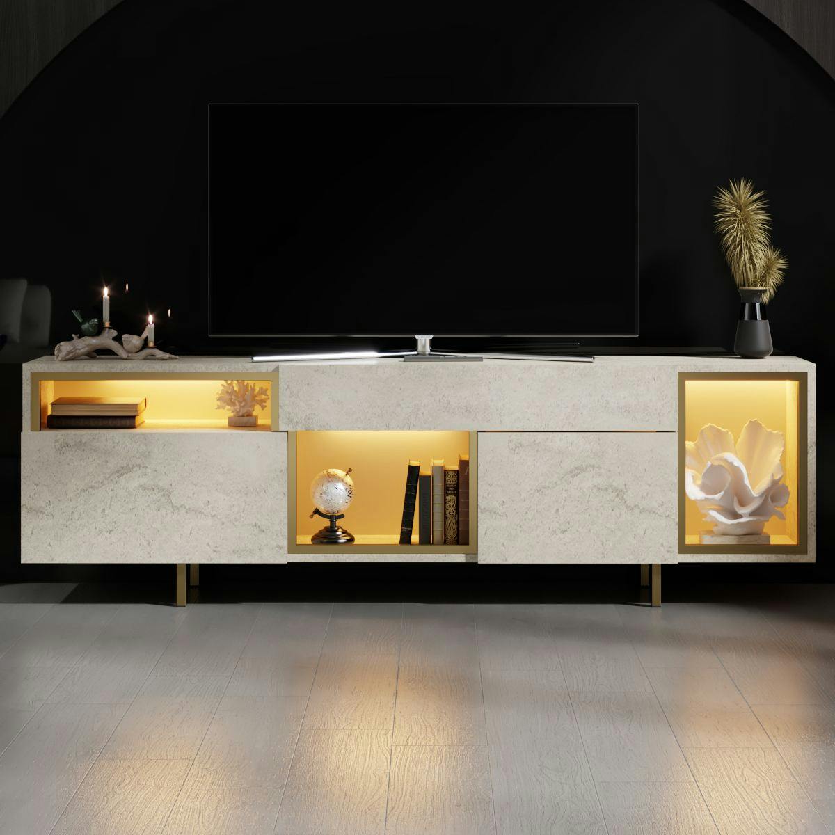Buffet décor travertin et doré 2 portes 3 niches LED AURA