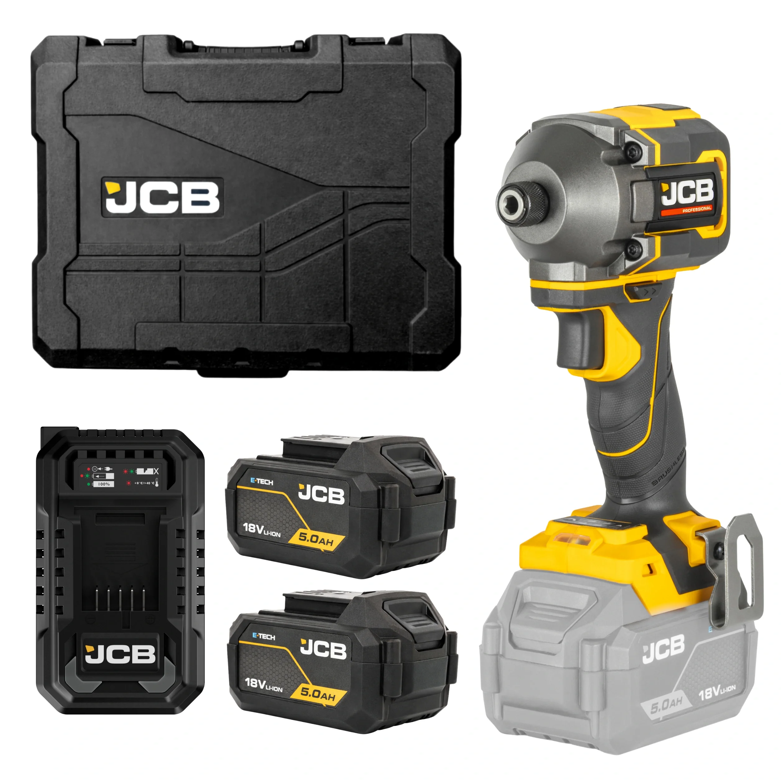 JCB Professional Zakrętarka Udarowa Akumulatorowa 18V 230Nm Zestaw Baterie 2x 5,0Ah Ładowarka 4,5A Walizka