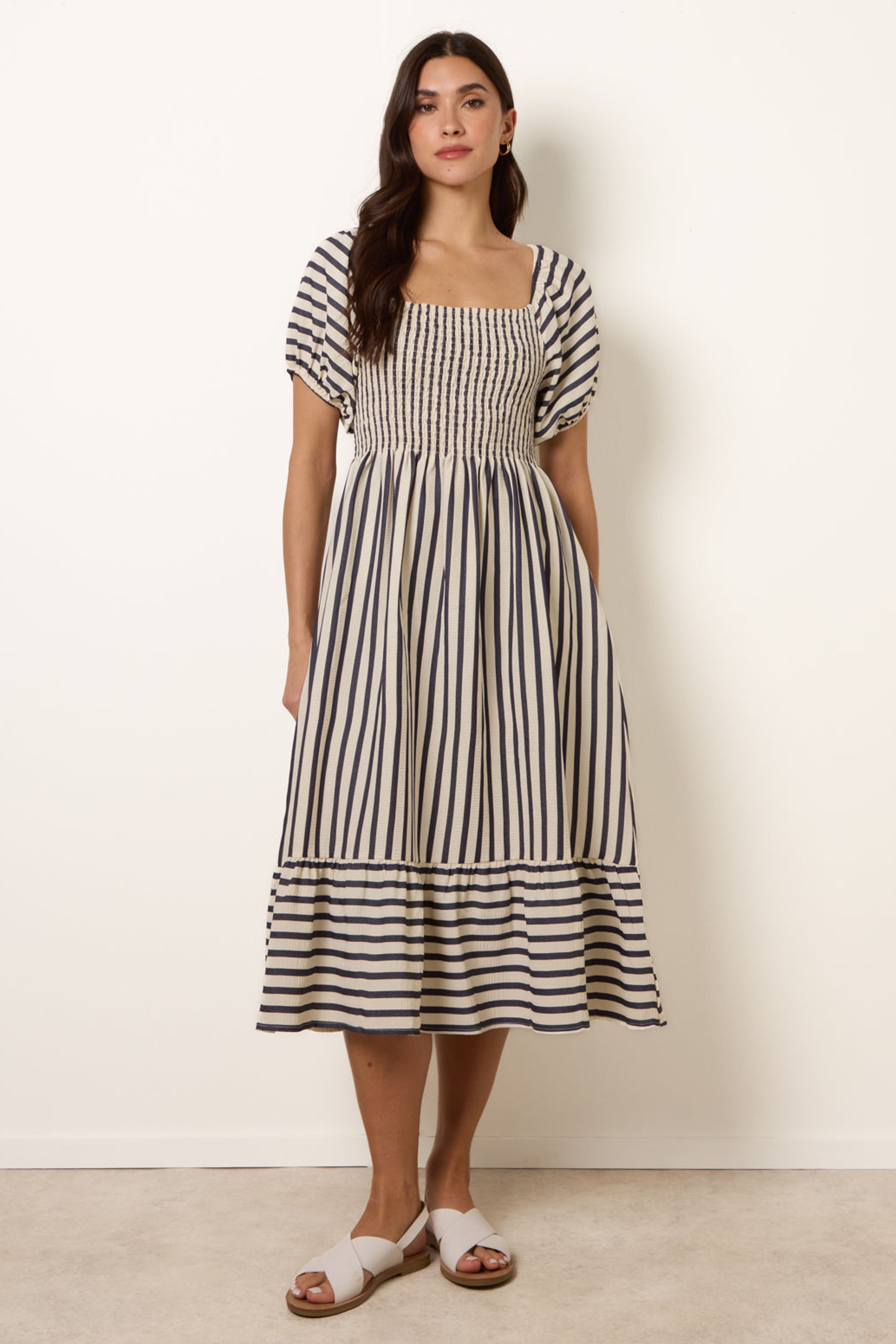 Blue Vanilla Navy Square Neck Puff Sleeve Stripe Midi Dress