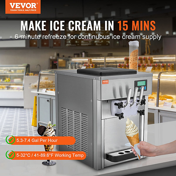 Machine à crème glacée 20 L h 1800W, 3 saveurs, trémie 2x4L, pré-refroidissement, auto-nettoyage.