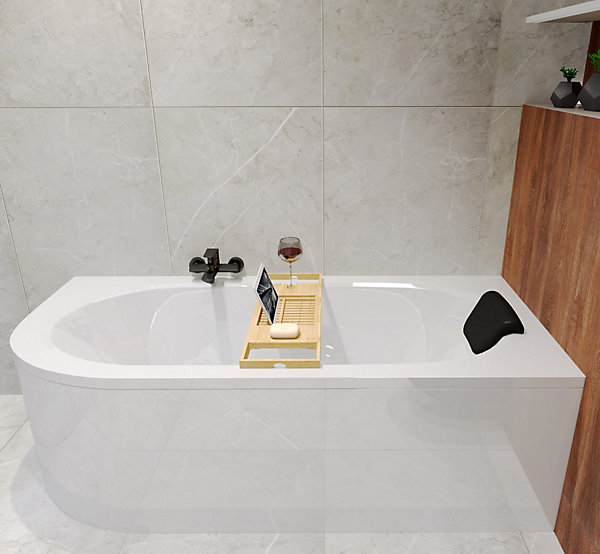 Baignoire asymétrique 170x75 Droite AVITA acrylique blanc, sans Habillage   Repose Tête   étagère bambou   Pieds   Vidage à chromé