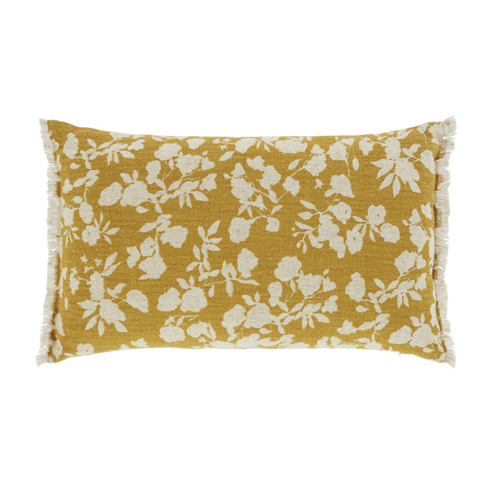 ELEN - Coussin jaune moutarde motif floral imprimé beige 30x50