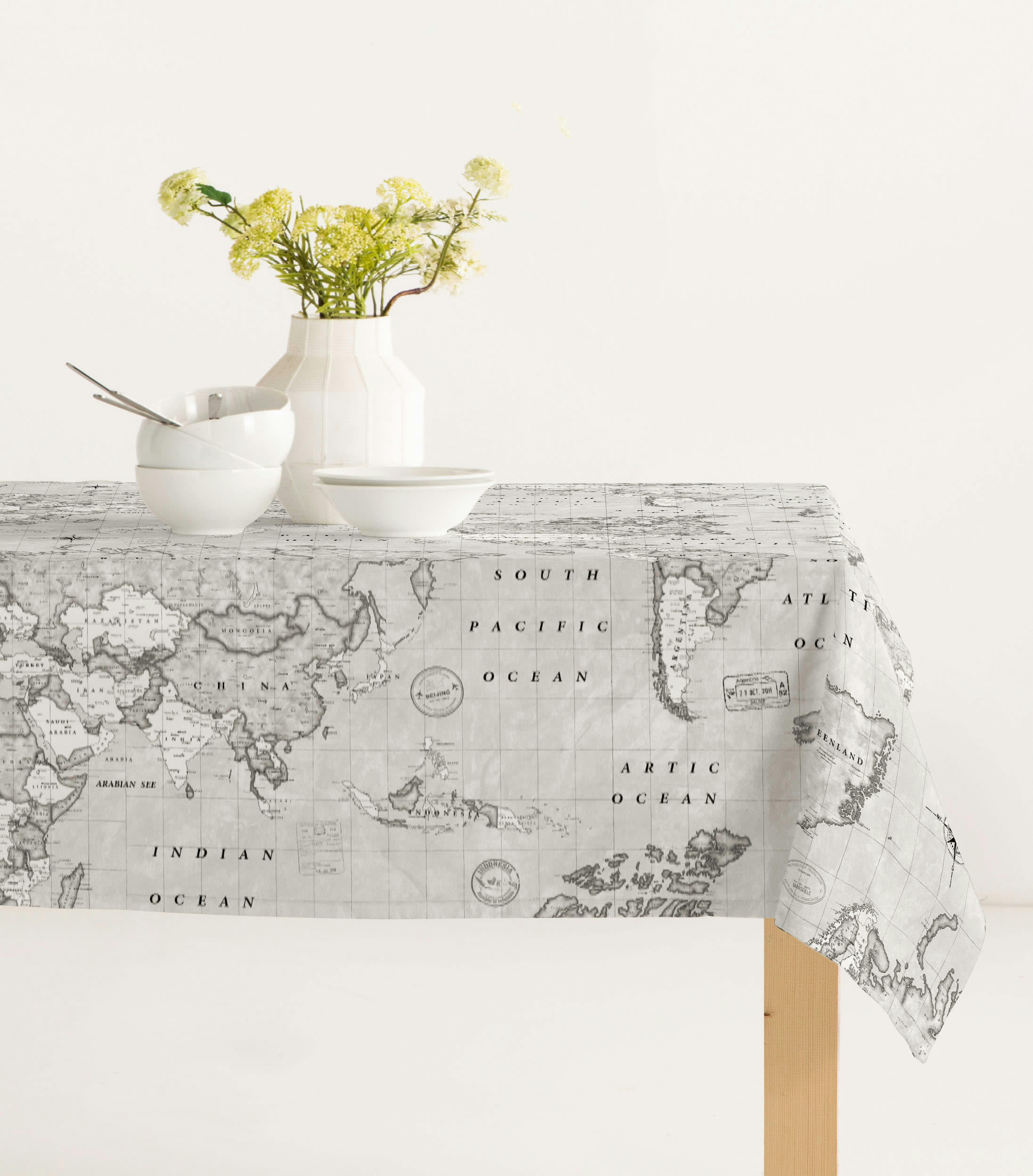 MUNDI GRIS - Nappe imprimée gris avec traitement anti-taches en coton 140x200 cm