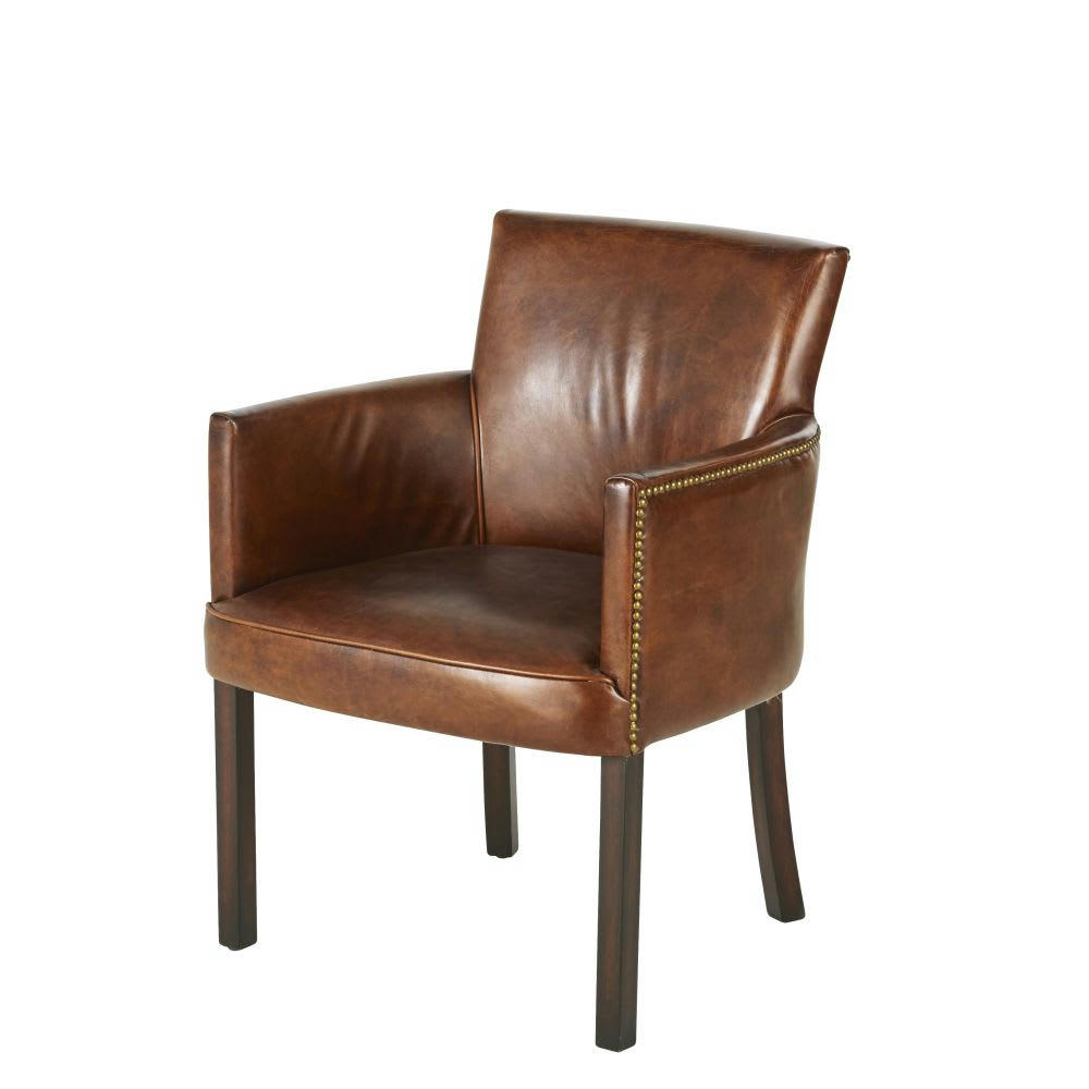 - Chaise avec accoudoirs en cuir de vachette marron vieilli