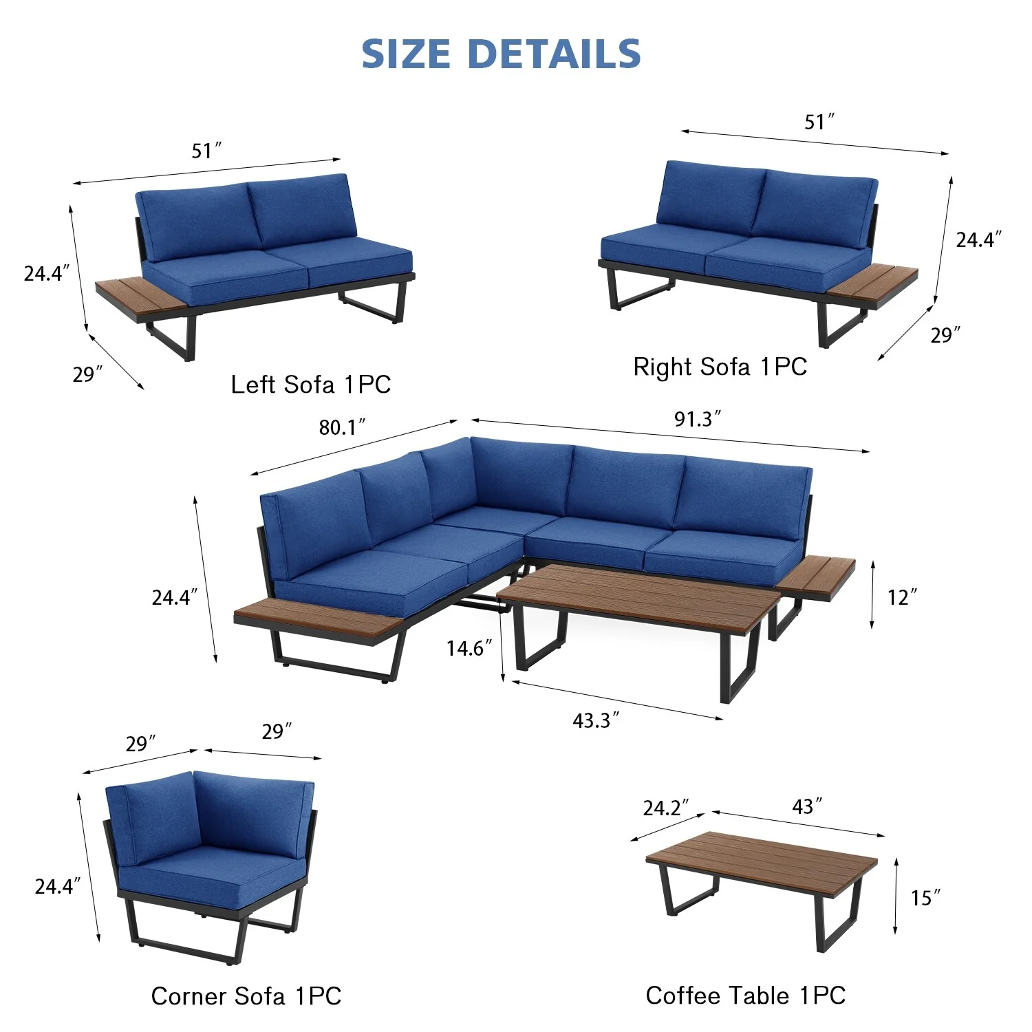 Outdoor Sectional Sofa Set with Coffee Table, 91''×91'' Extra Large L-Shaped Outdoor Conversation Set, Gray - 91*80*24