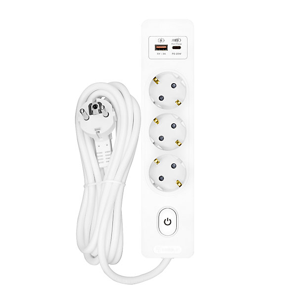 Multiprise SELDUR G3TH12B, 3 prises type F   interrupteur, USB A C charge rapide 20W, Blanc, câble 1.5m