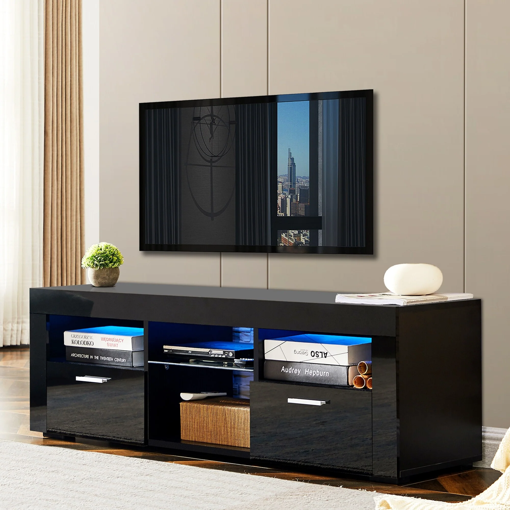 Black 51 TV Stand with LED & Drawers for TVs Up to 55