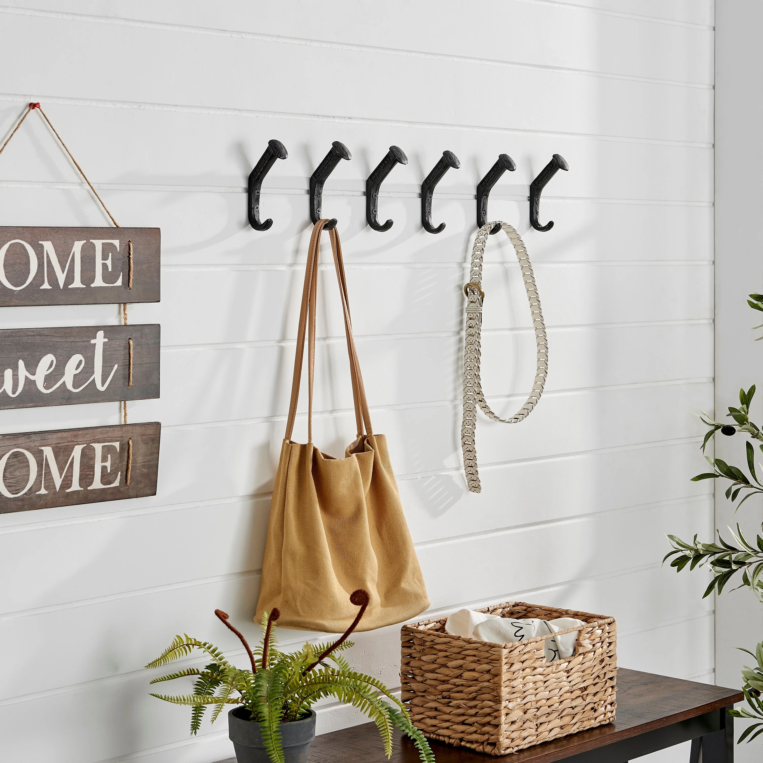 Black Cast Iron Raiway Spike Wall Mount Hook Set (Set of 6)