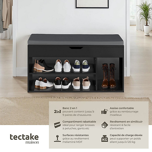 Banc à chaussures panneau de fibres 9 paires assise rembourrée noir