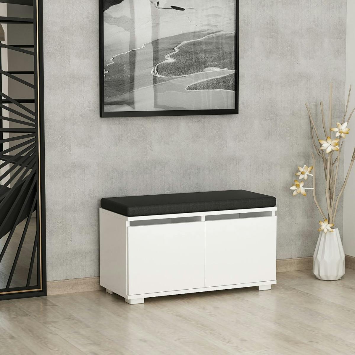 Banc à chaussures blanc assise et 4 niches fermées MARFA