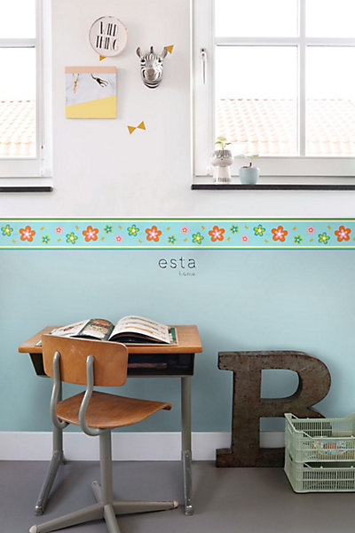 ESTAhome frise papier peint fleurs turquoise et orange 500 x 13.25 cm