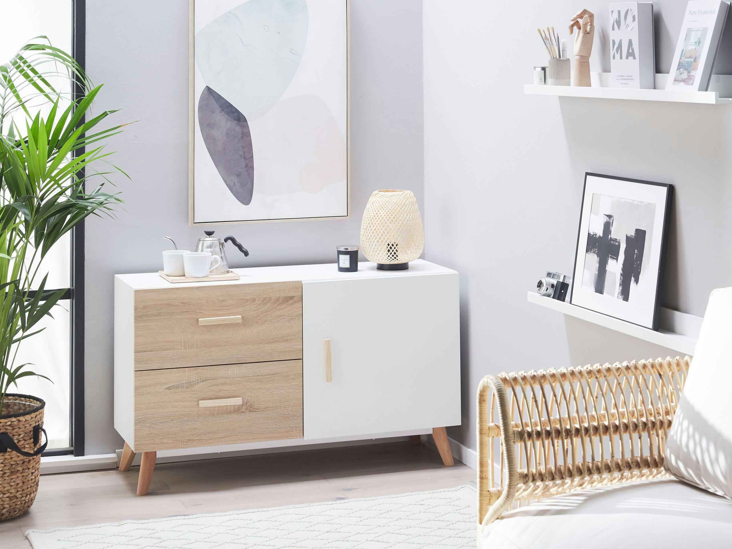 FILI - Commode effet bois clair blanc 1 porte 2 tiroirs