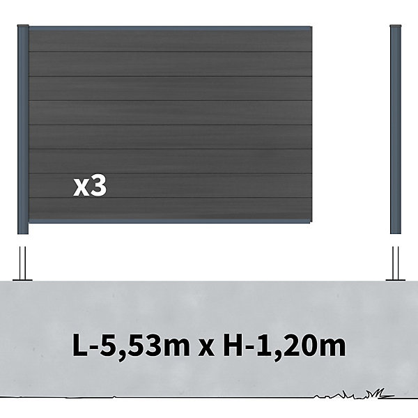 Kit Clôture Composite sur Muret CRUZ Ardoise 5,5x1,2m - Bois composite &Aluminium - Poteaux sur Platines Gris - Brise vue
