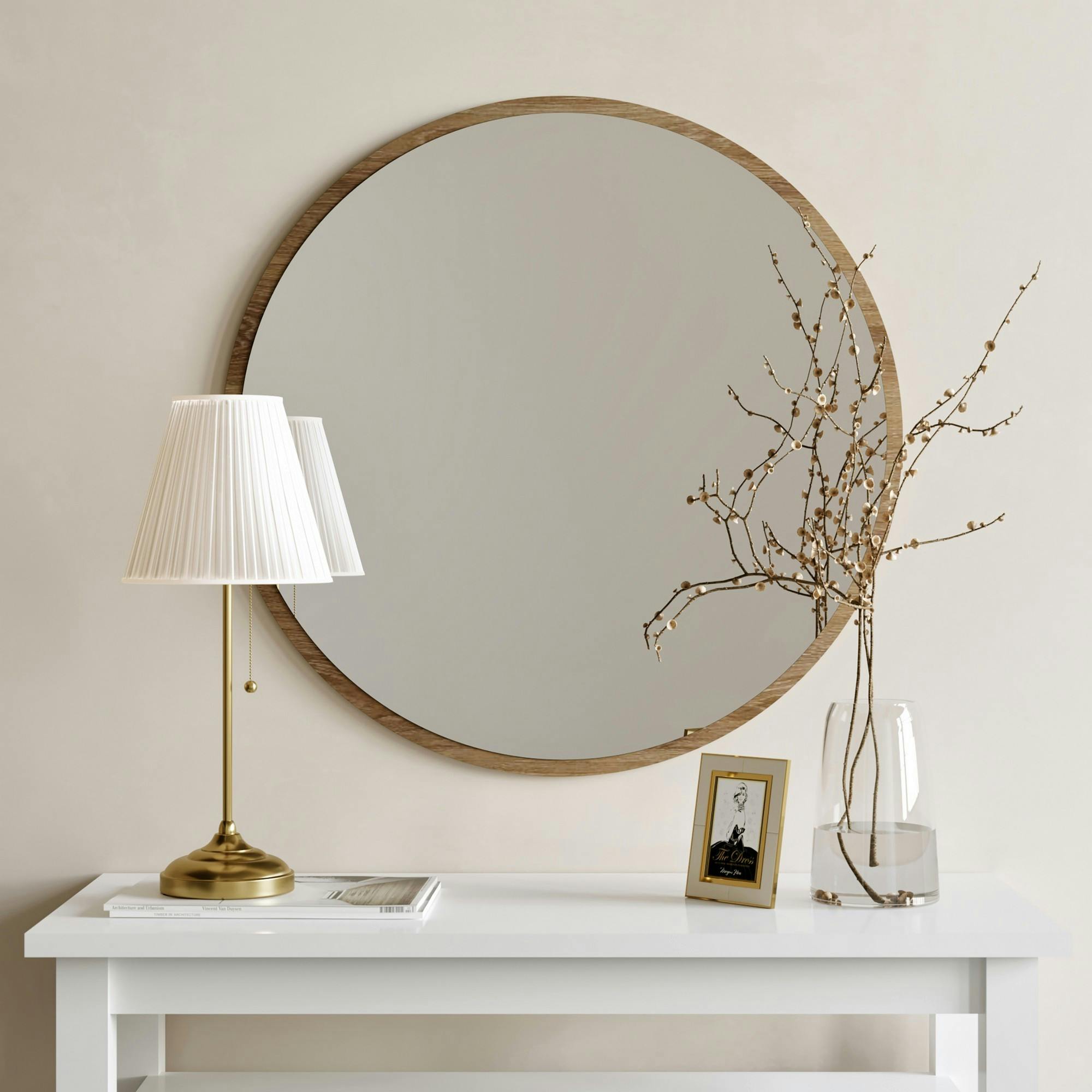 Miroir d'entrée rond effet noyer Ø60 cm - style moderne CODY