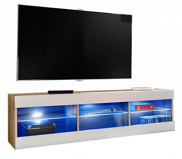 Meuble TV Tivoli RTV Komodee - sans LED - Blanc et Bois Naturel - Facades en Mat - 140 x 41 x 35 cm