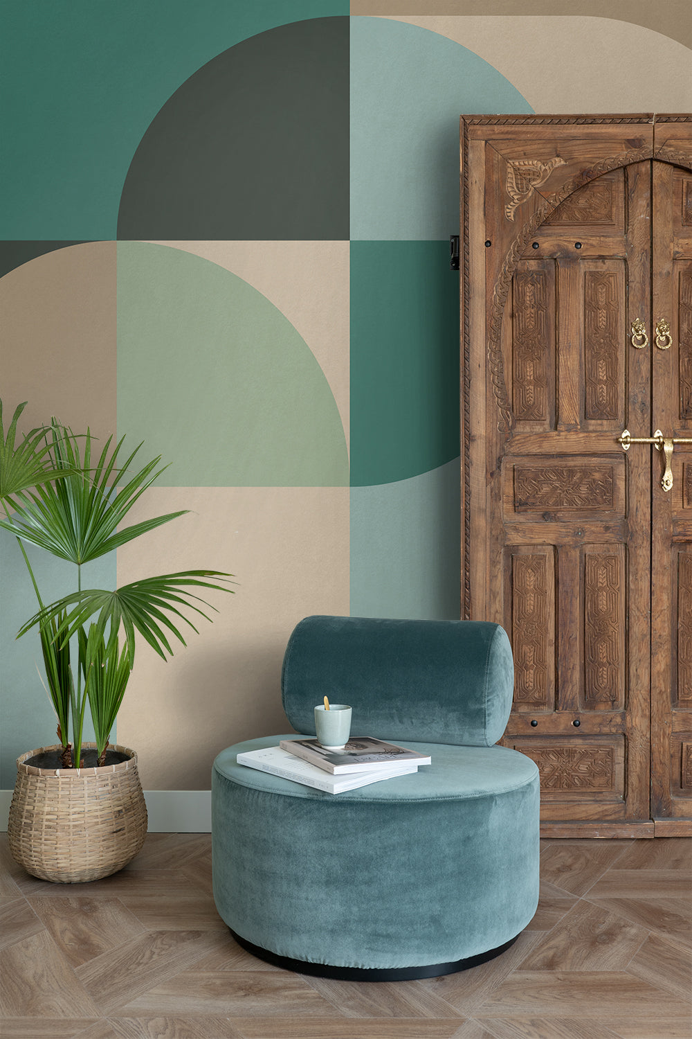 ESTAhome fotobehang cirkels in Bauhaus stijl petrolgroen, mintgroen en beige - 250 x 279 cm - 159369