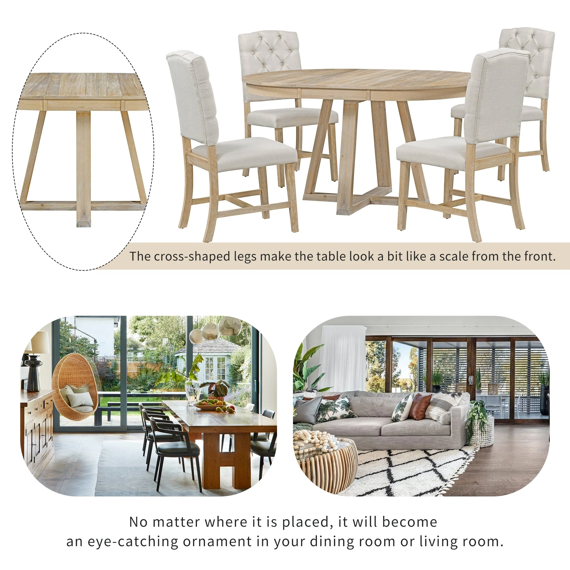 5-Piece Dining Table Set with 4 Upholstered Chairs, 16 Leaf Dining Table, Solid Wood & MDF, for Small Spaces and Dining Rooms