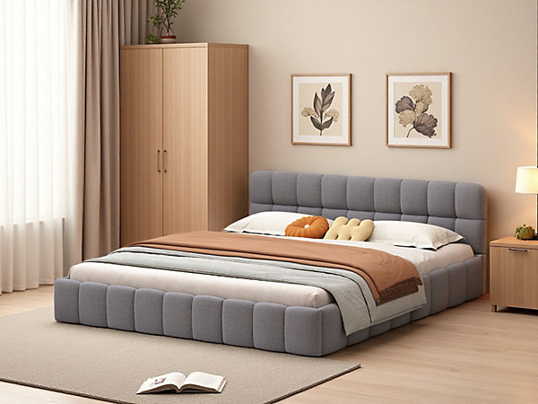 Lit rembourré 140x190 cm en lin, dossier moelleux, cadre rembourré, sommier à lattes inclus, lit jeune, lits double, Gris