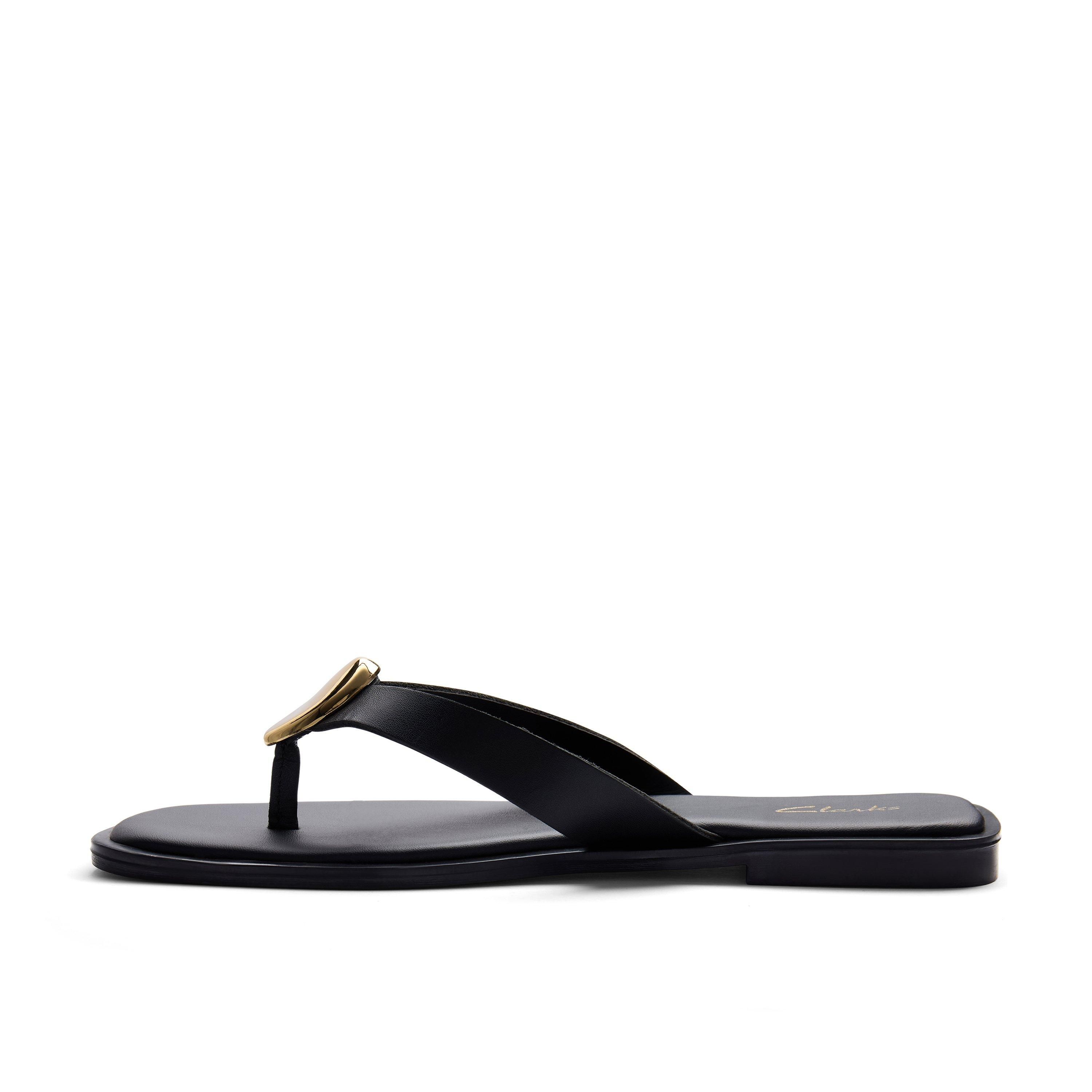 Clarks Dahlia Post Black Leather Flat Sandals,Flip Flops