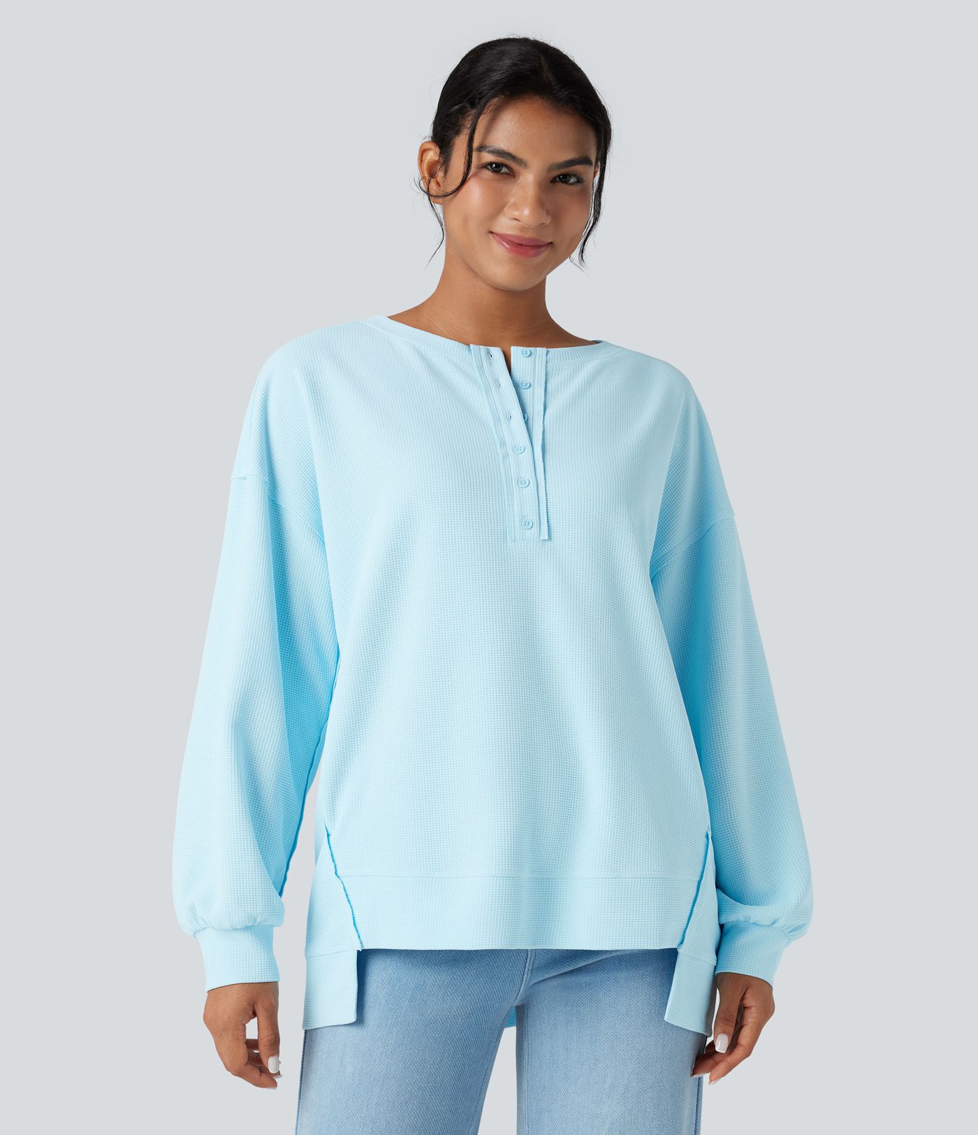 Sweat-shirt gaufré henley oversize manches longues avec poches