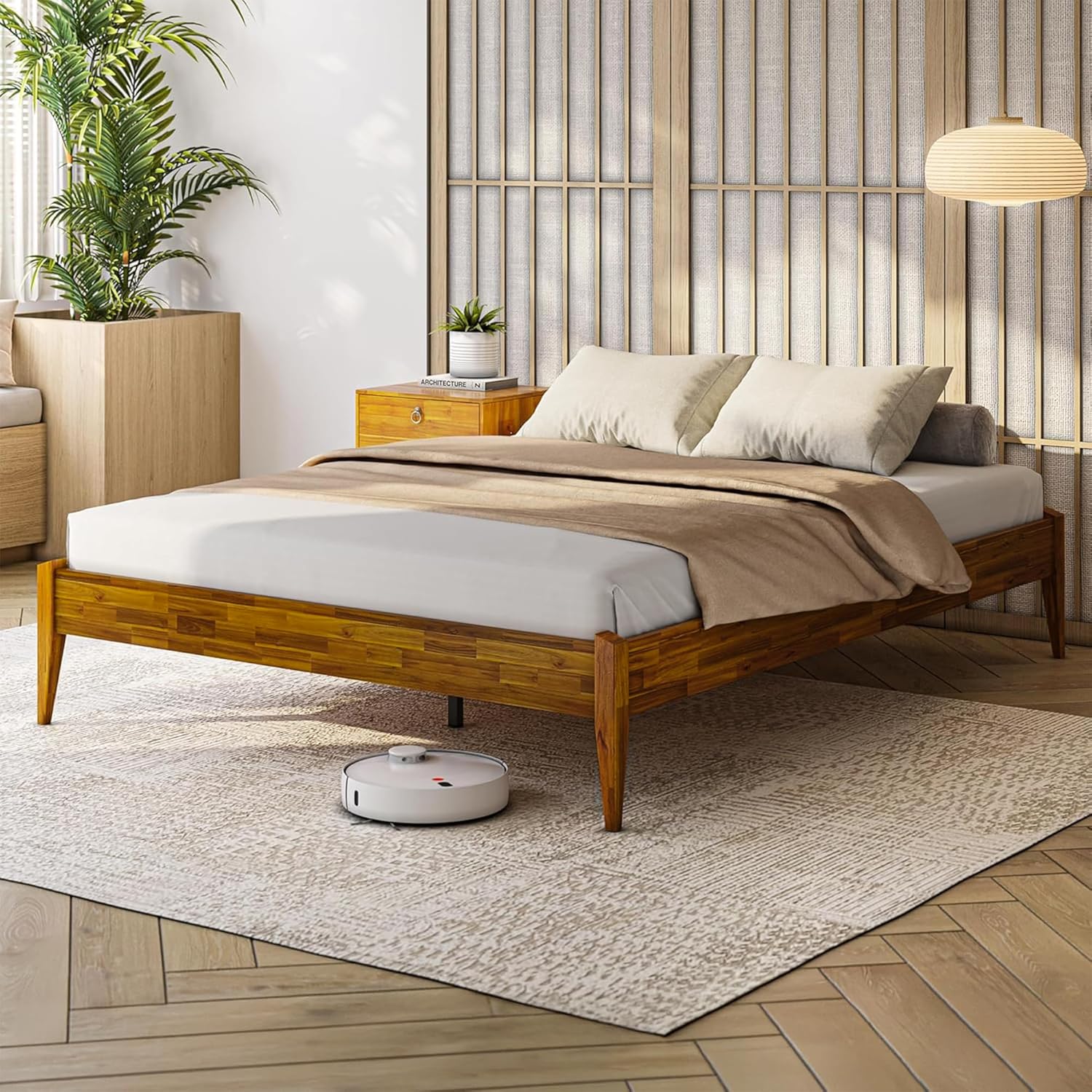 Bme Dinkee Wooden Queen Bed Frame, 15 Inch Height, Elegant Minimalist Modern Design with Japanese Joinery, Durable Wood Slats for Reliable Support, No Box Spring Required, Caramel
