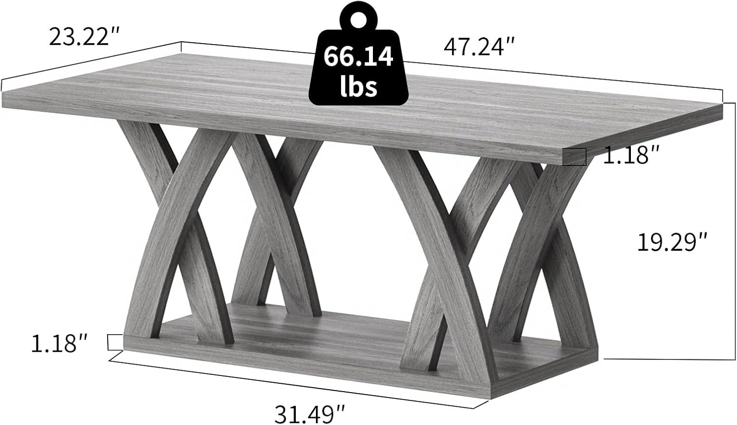 47” Farmhouse Coffee Tables for Living Room Rustic Stands with Storage Shelf Grey Coffee Tables for Living Room Farmhouse Center Stands with Shelf Wood Rectangle Center Table