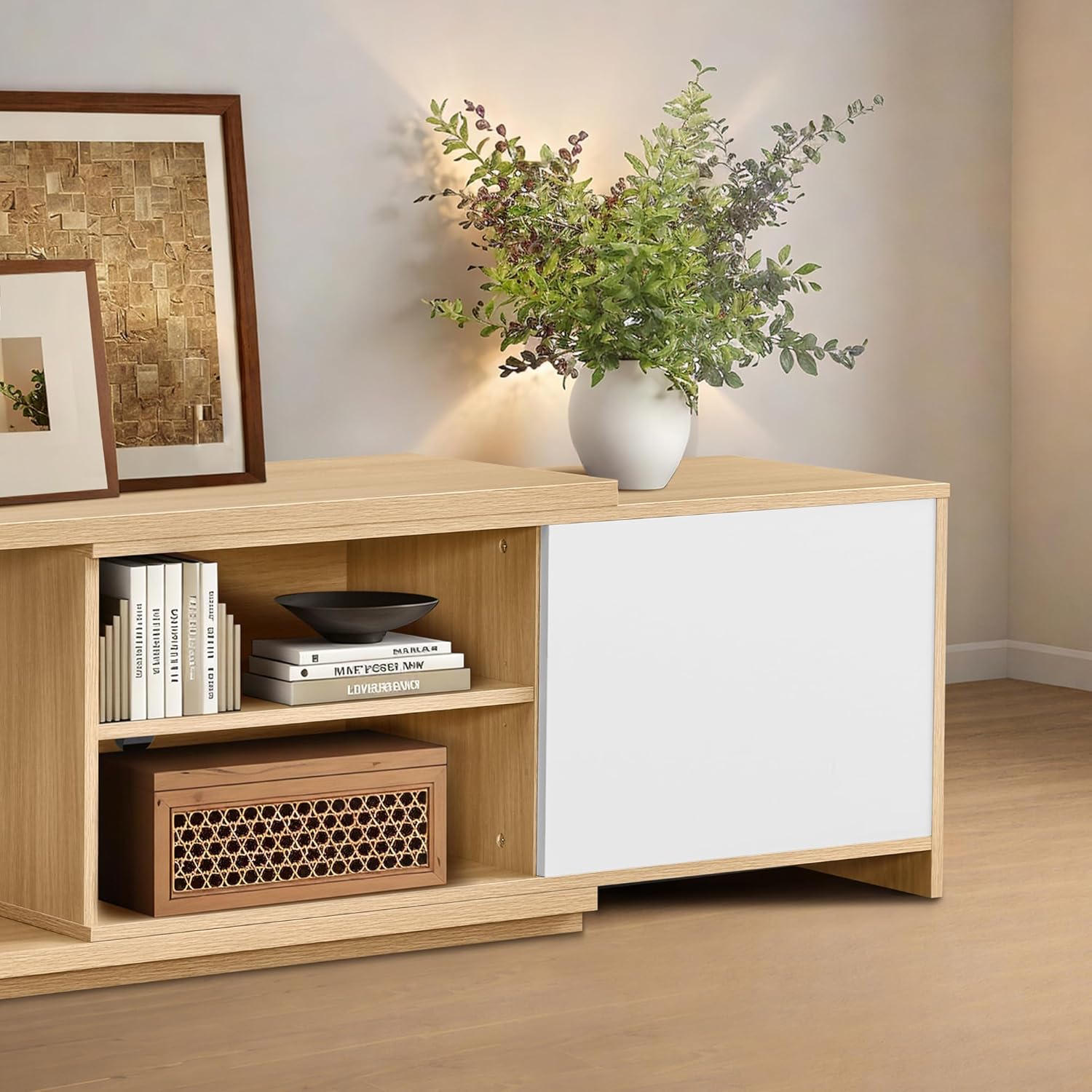 Extendable TV Stand for TVs up to 90,Modern Entertainment Center with Adjustable Shelf,Television Stand with 2 Storage Cabinets,Wooden TV Media Console for Living Room Bedroom Natural Oak