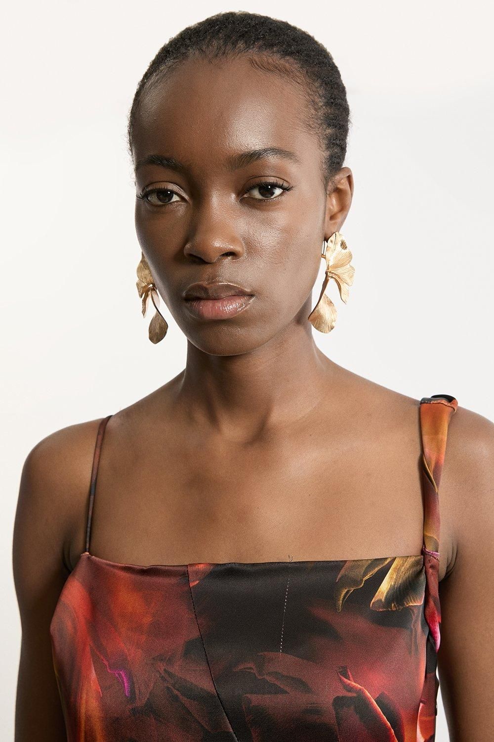 KarenMillen Floral Heavy Satin Panelled Fringed Woven Strappy Maxi Dress
