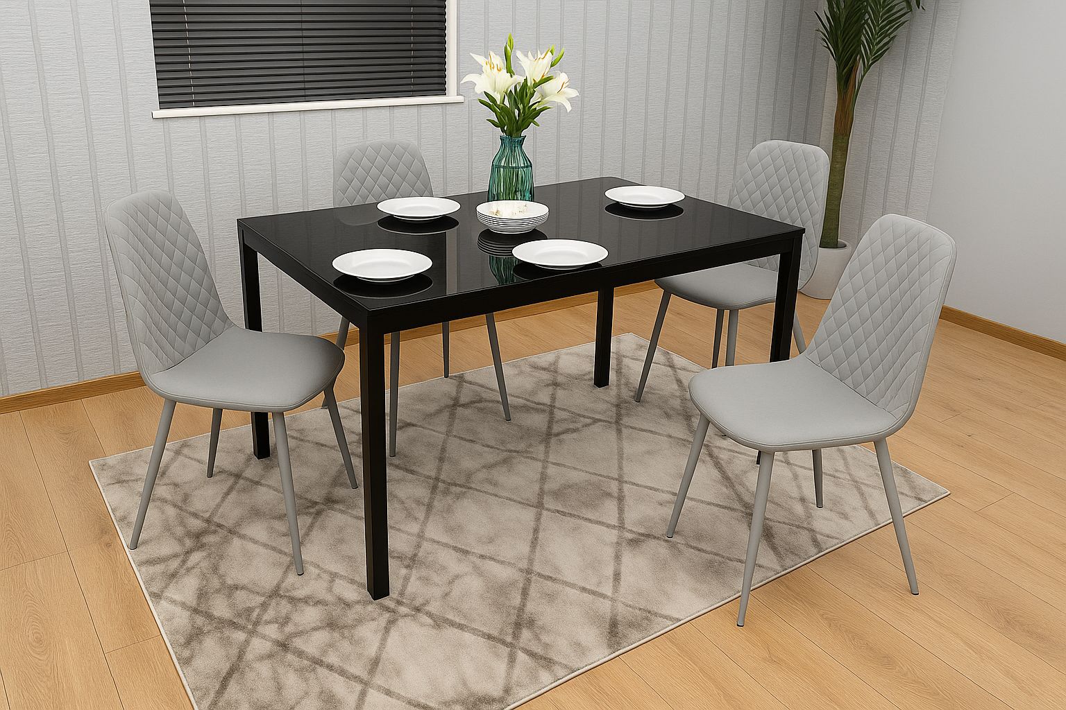 KOSY KOALA Modern Black Glass Dining Table Set with 4 Grey Dining Chairs