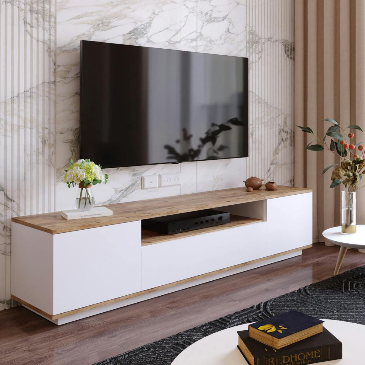 Meuble TV moderne blanc et décor bois 1 niche centrale MARFA
