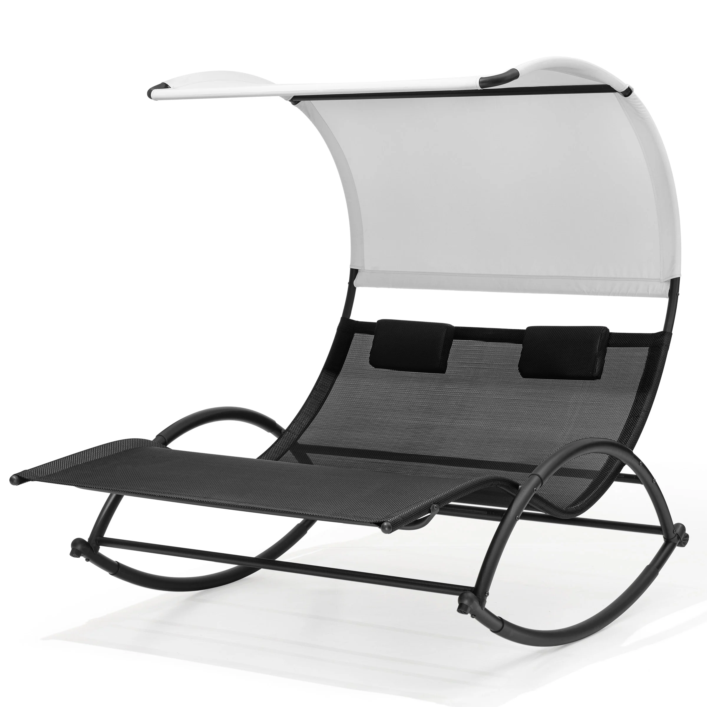 Outdoor Double Sun Bed Chaise Lounge Chair Rocking Bed with Sun Shade & Wheels - 54.5 W x 67.3 D x 65.7 H