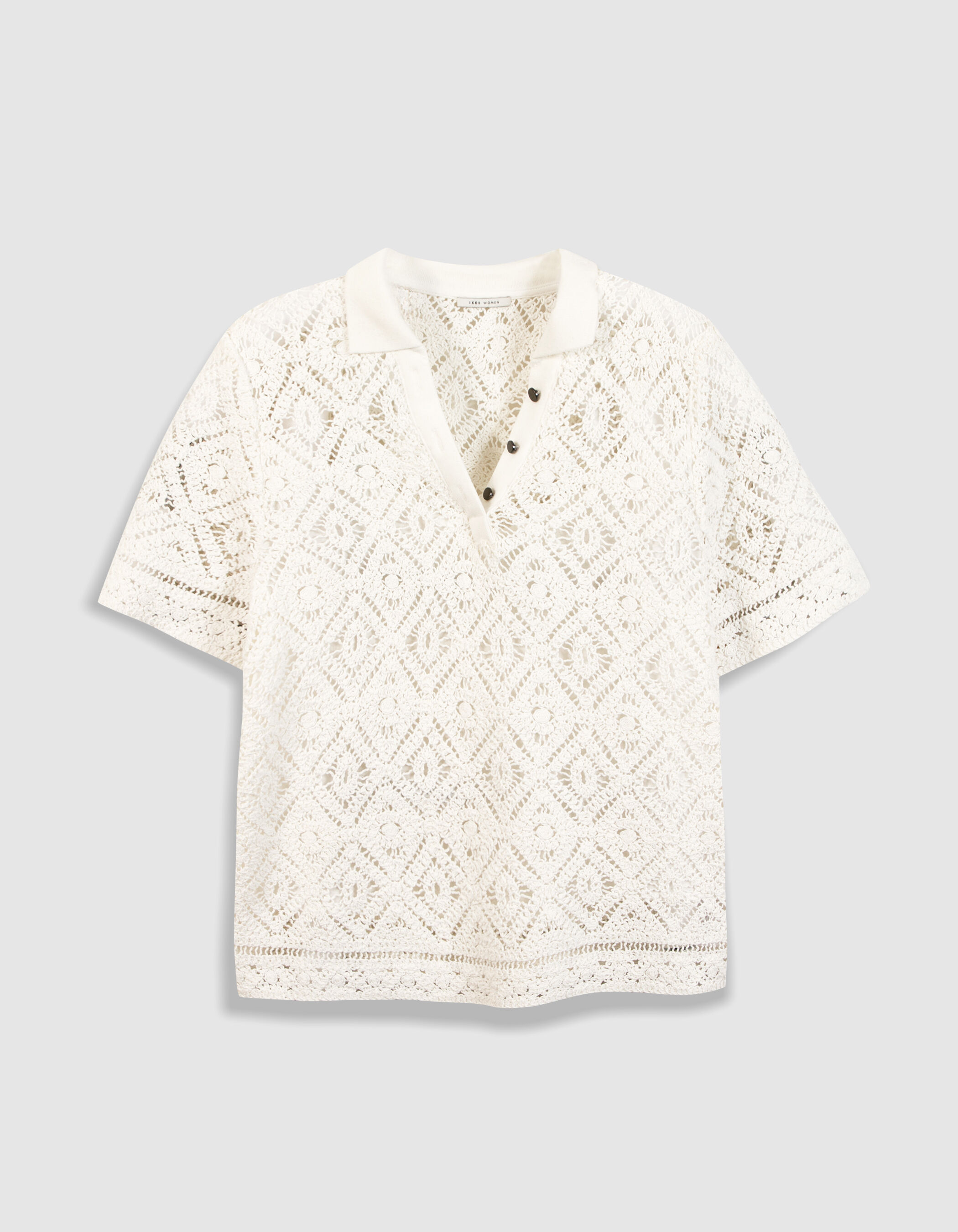 Top blanc tricot crochet col polo Femme