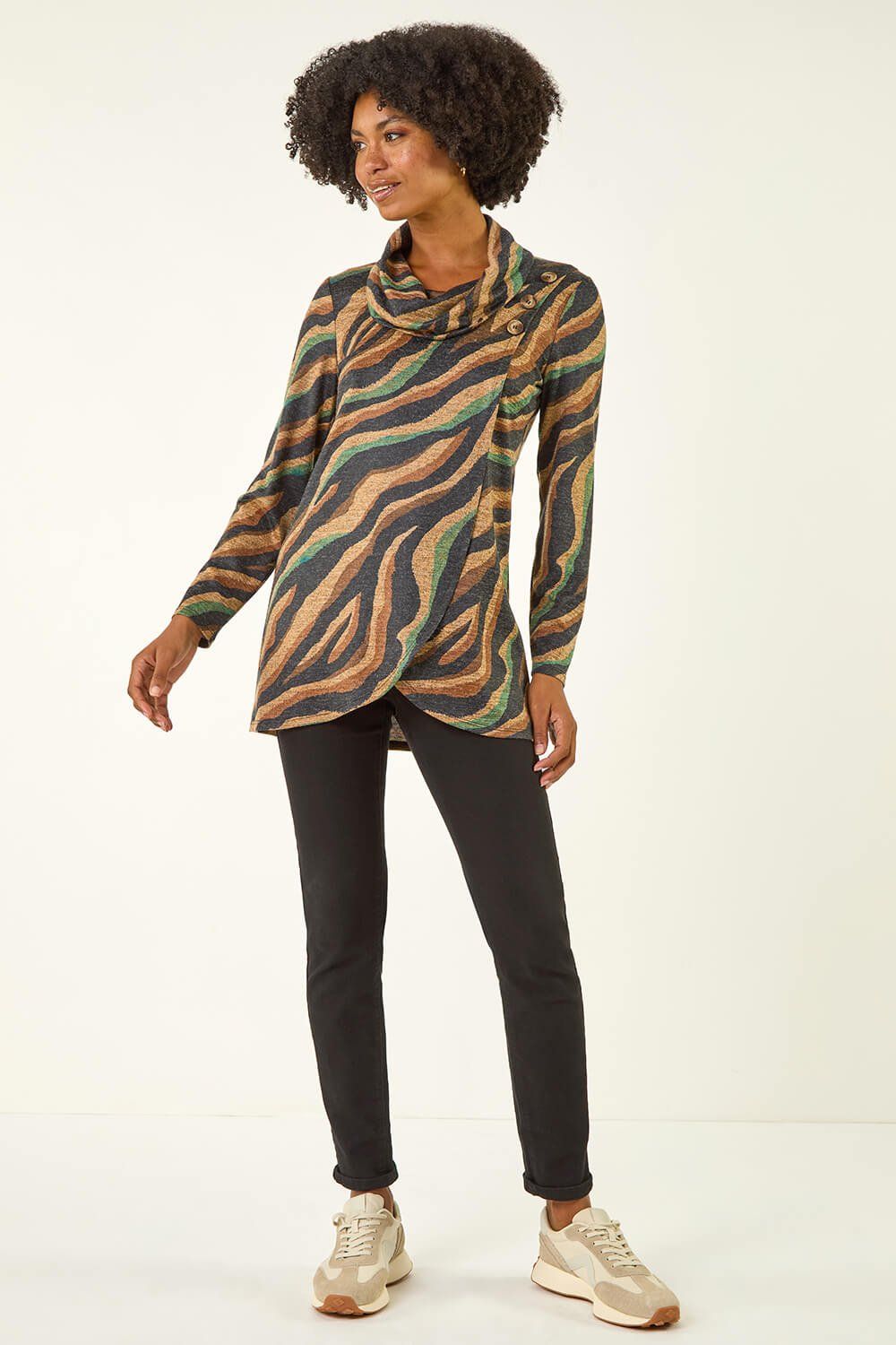 Roman Abstract Print Cowl Neck Stretch Top