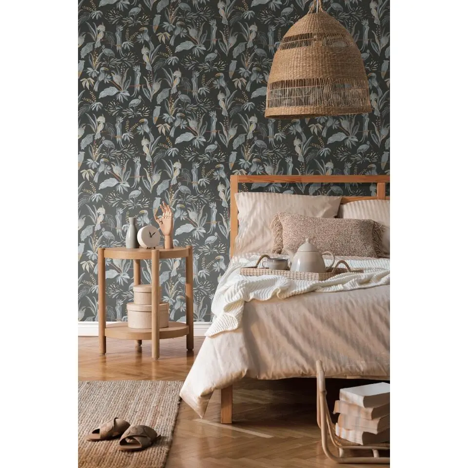 Livingwalls behang vogel zwart, grijs, beige en oranje - 53 cm x 10.05 m