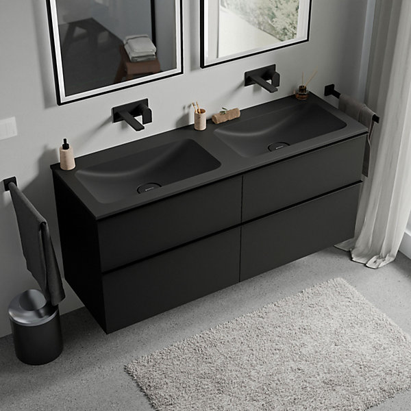 Meuble vasque suspendu MDF Noir mat, lavabo fonte Noir mat sans trou robinet, poignée Chrome - 140x46x62cm - LAVOA