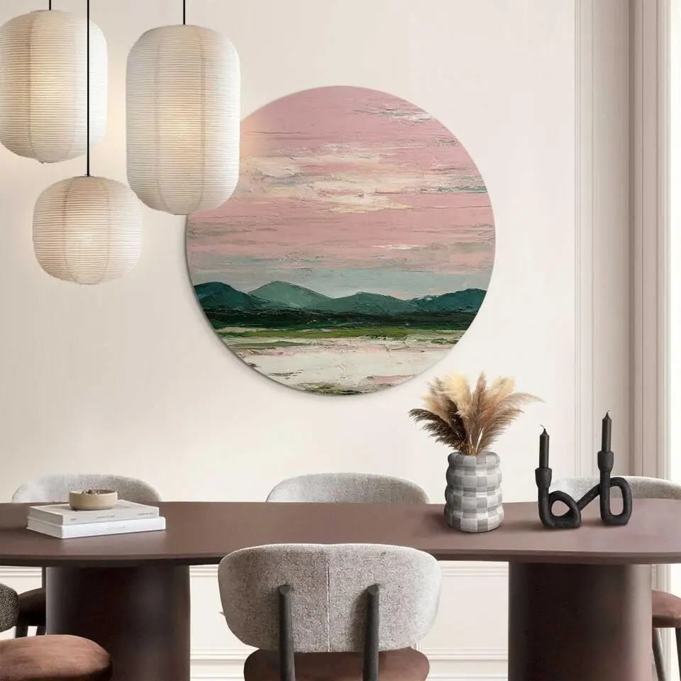 Glasschilderij Bergen in roze wolken II - &Oslash; 70 - Roze