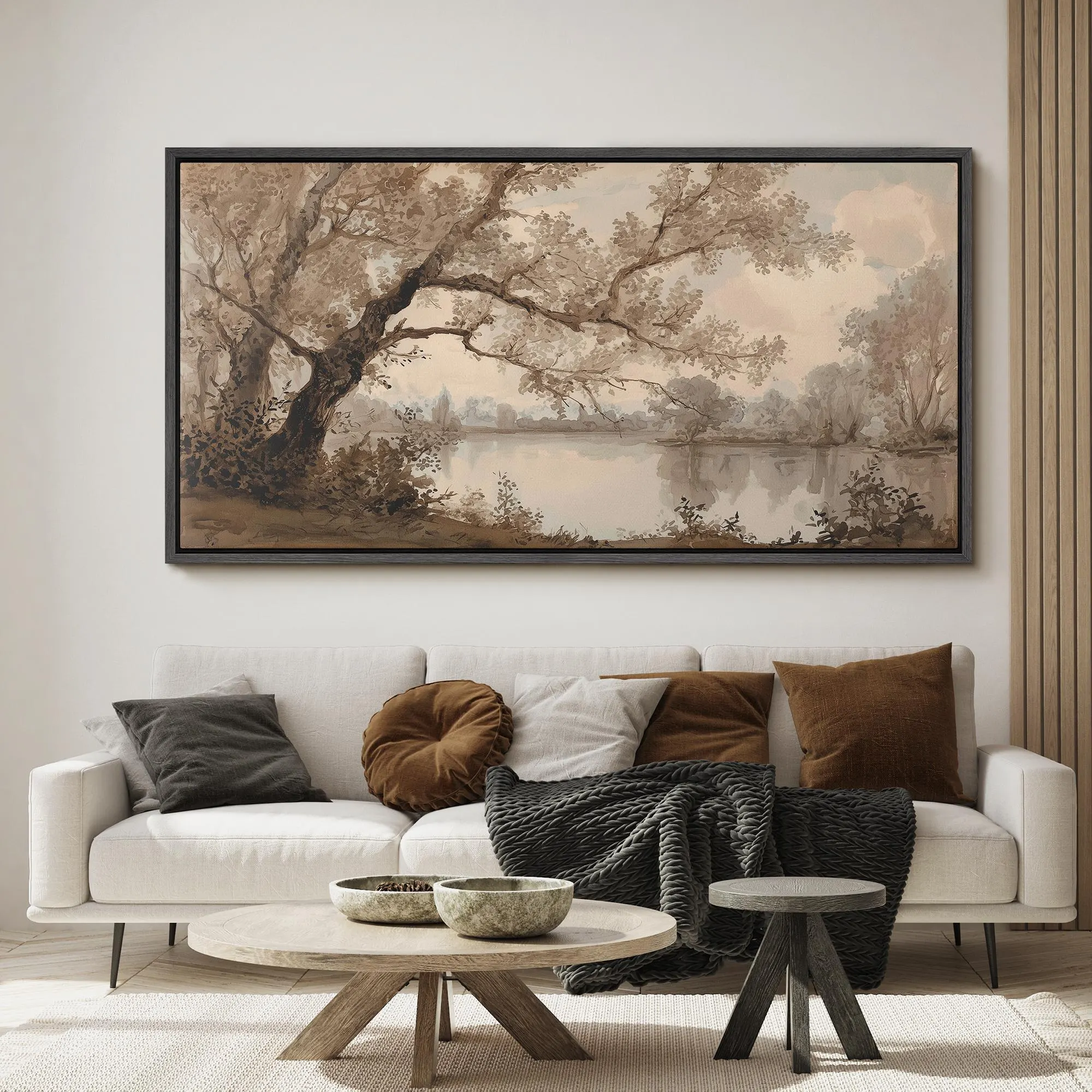 Large Framed Neutral Sepia Beige Landscape Wall Art, Vintage Tree Lake Scenery Canvas Print, Calm Horizontal Decor for Living Room