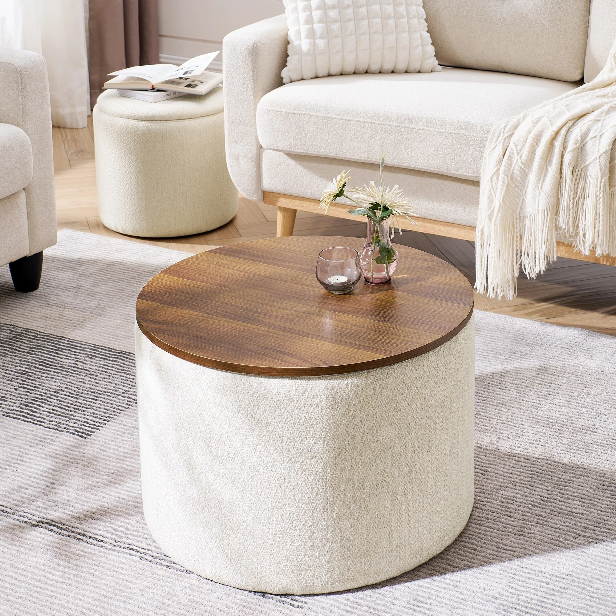 2Piece Set Round Chenille Storage Ottoman, Equipped with a Drum Shaped Small Stool
