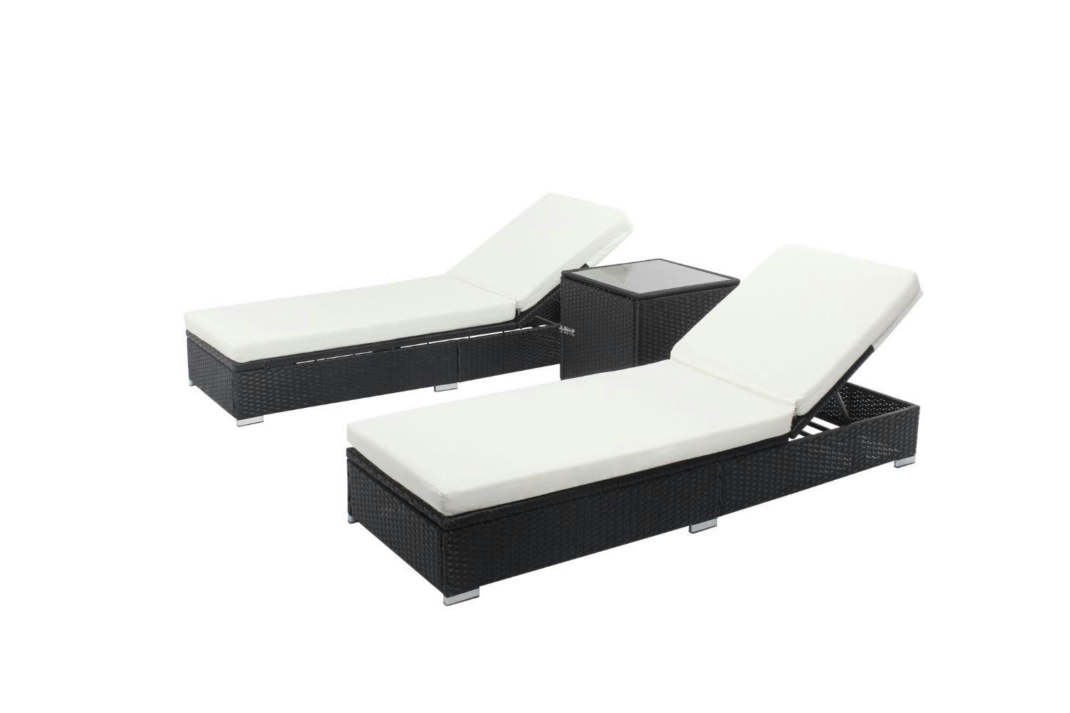 SUNNY - Lot de 2 transats résine tressée noir et matelas blanc