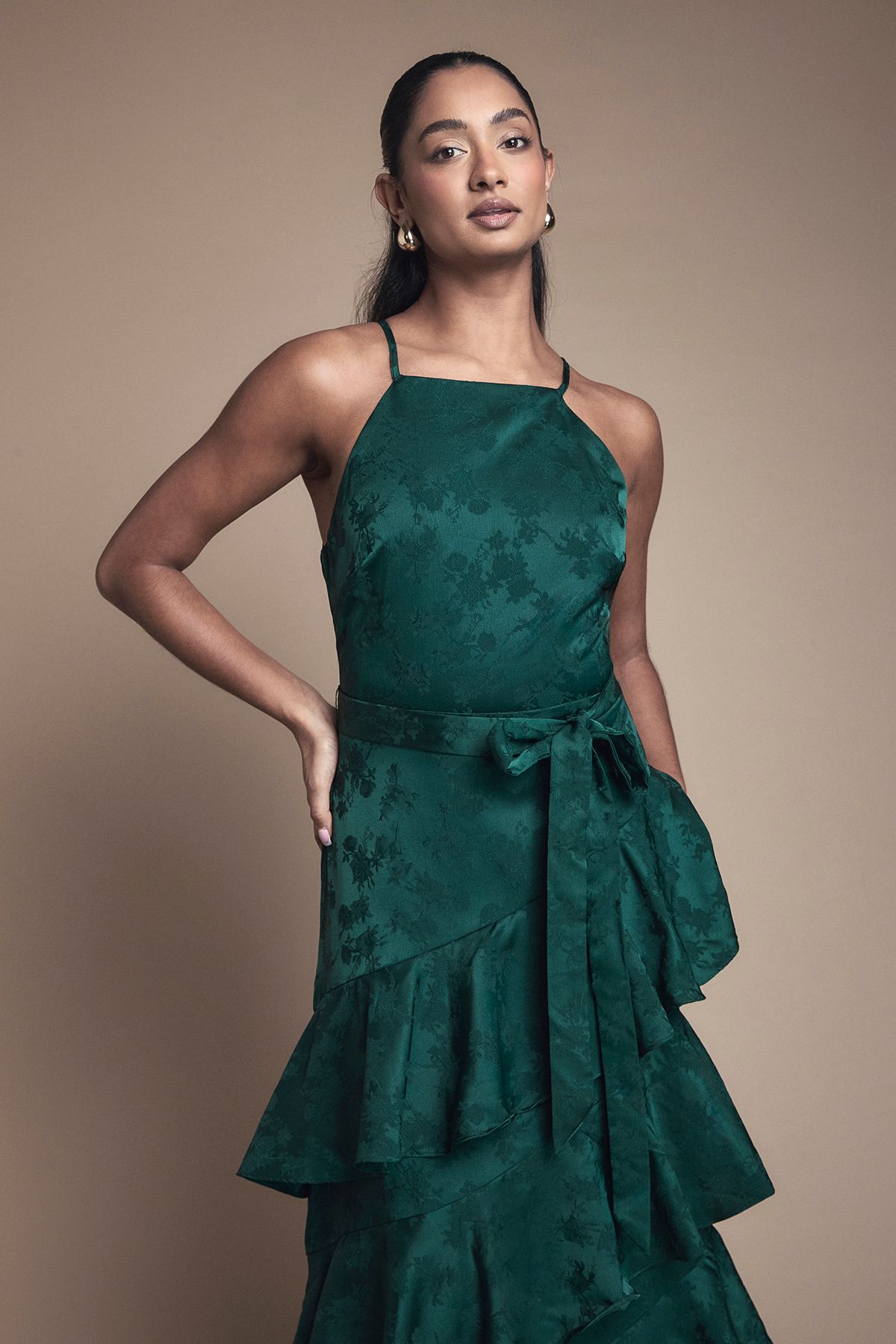 Oasis Satin Jacquard Ruffle Halter Neck Bridesmaid Dress