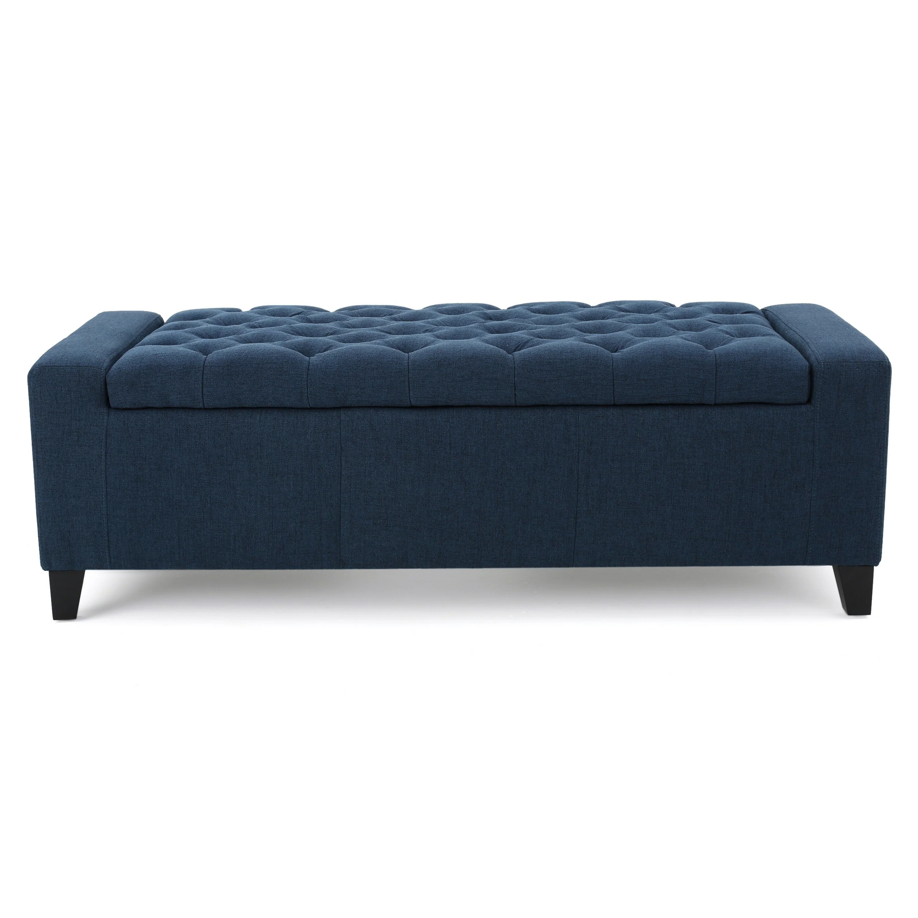 Storage Ottoman Bench, 51 Inch, Deep Button Tufted Dark Blue Fabric