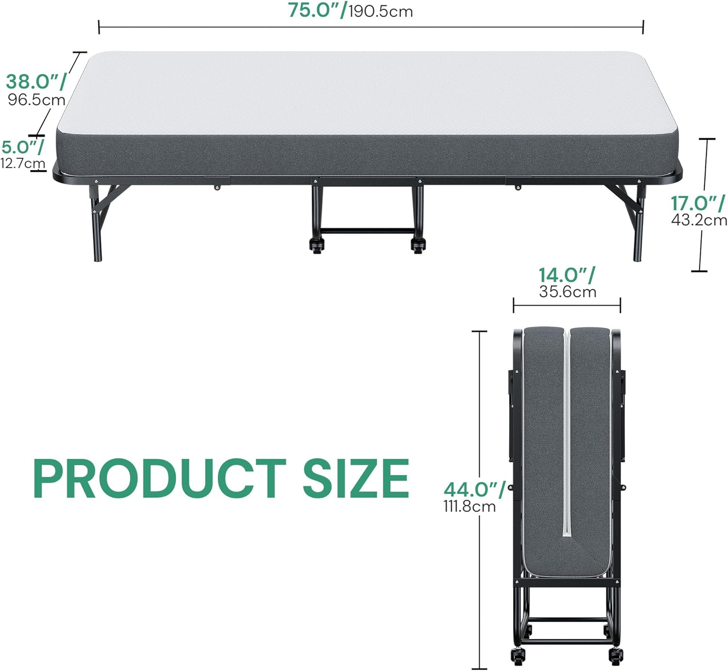 SunsGrove Twin Folding Bed with Mattress, 75 x 38 Foldable Guest Bed, Portable Rollaway Bed with 5 Memory Foam Mattress, Space-Saving Sturdy Metal Frame