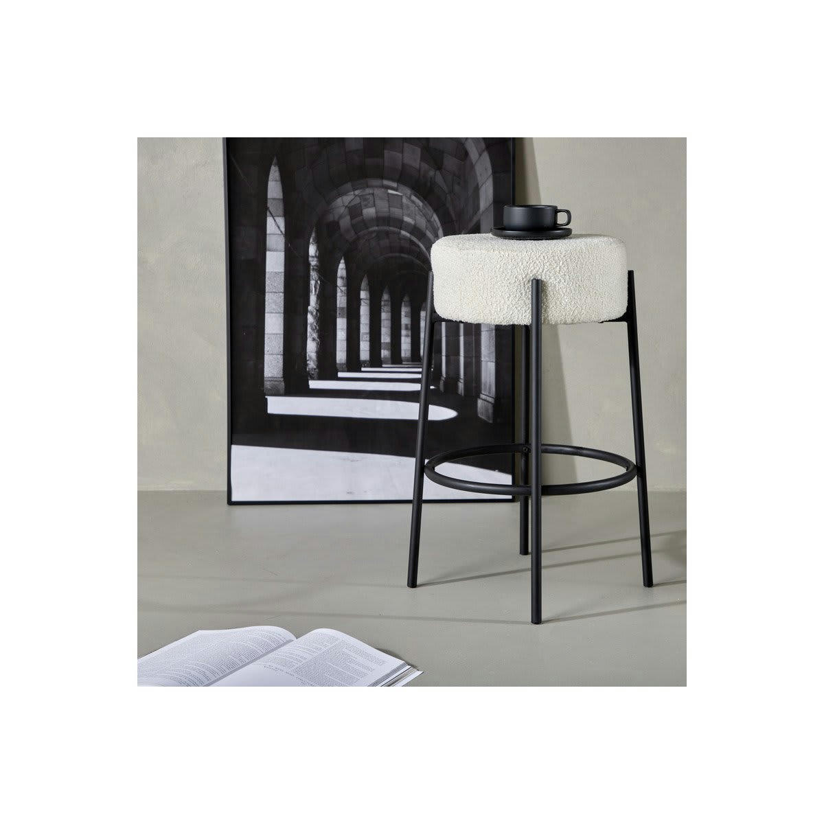 NEGAN - Tabouret de bar en tissu bouclé blanc