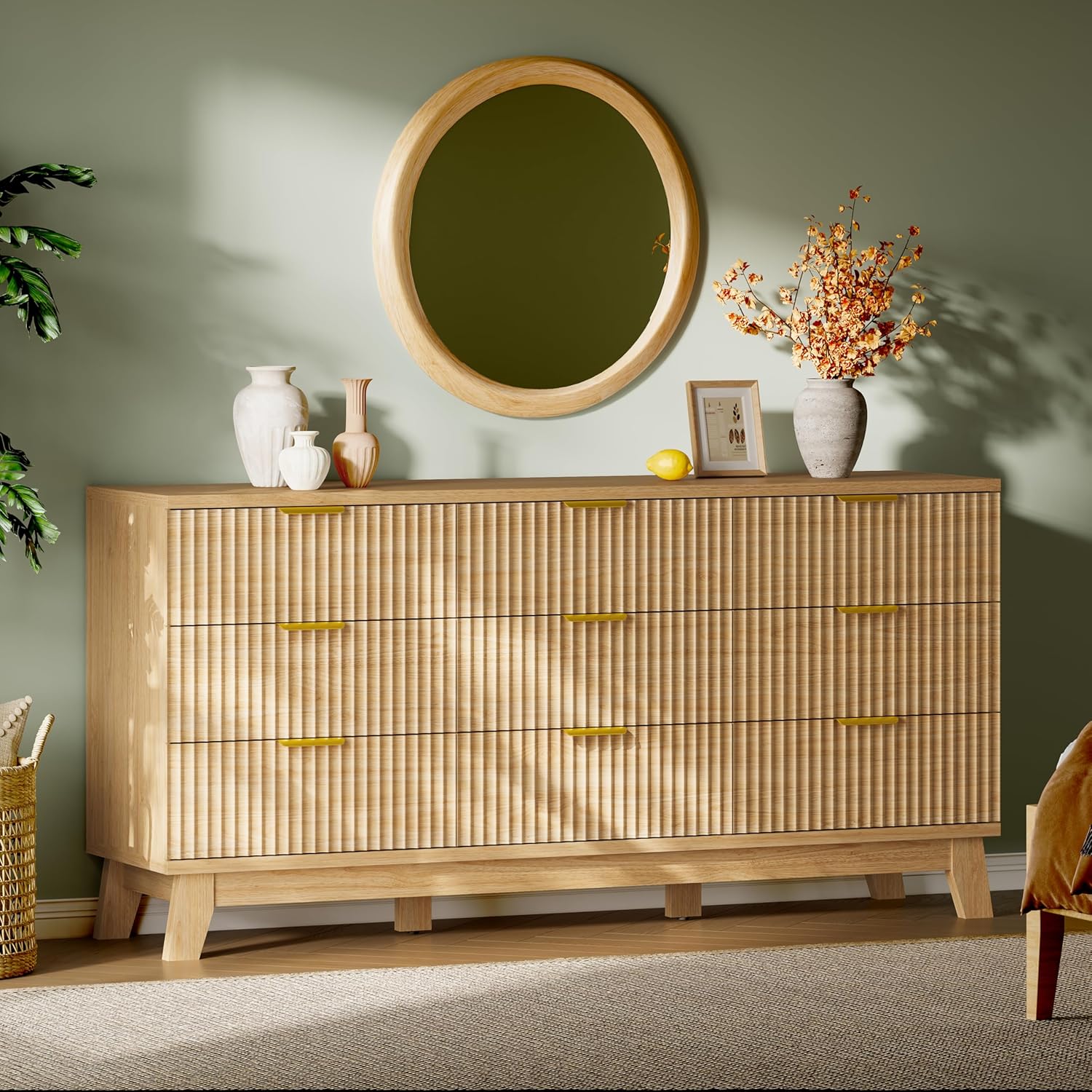 Fluted Dresser with 9 Drawers, 63 Wide Modern Chest of Drawers with Metal Handle, Wooden Dresser TV Stand, Wood Closet Clothes Storage Organizer for Bedroom, Living Room, Hallway, Natural Oak
