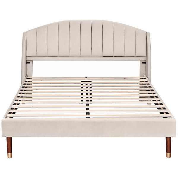 Lit adulte lit cadre à lattes en bois lit 160x200 cm lit rembourré Single velours beige