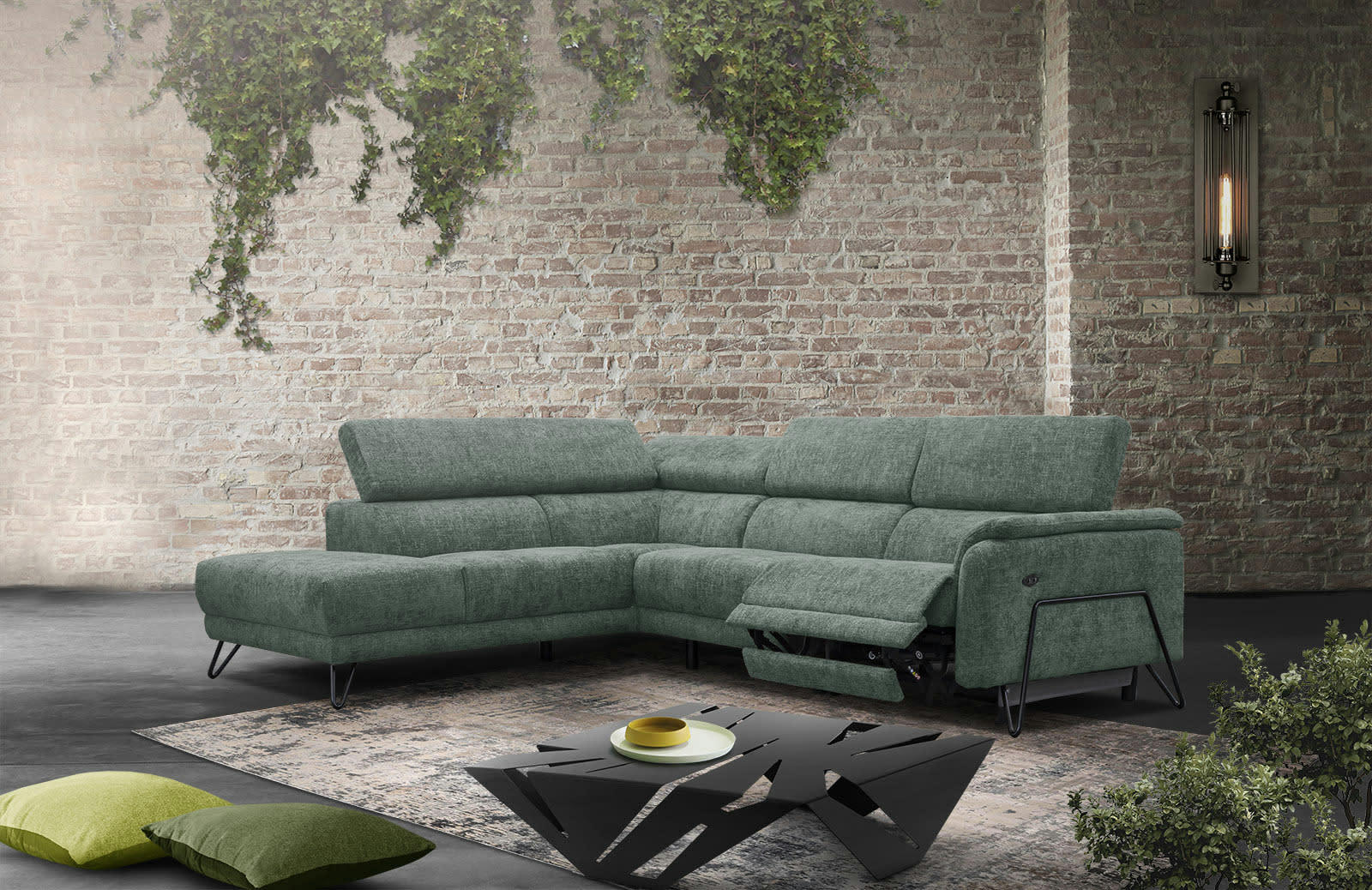 RODEN - Canapé d'angle gauche 5 places avec une relax électrique tissu vert