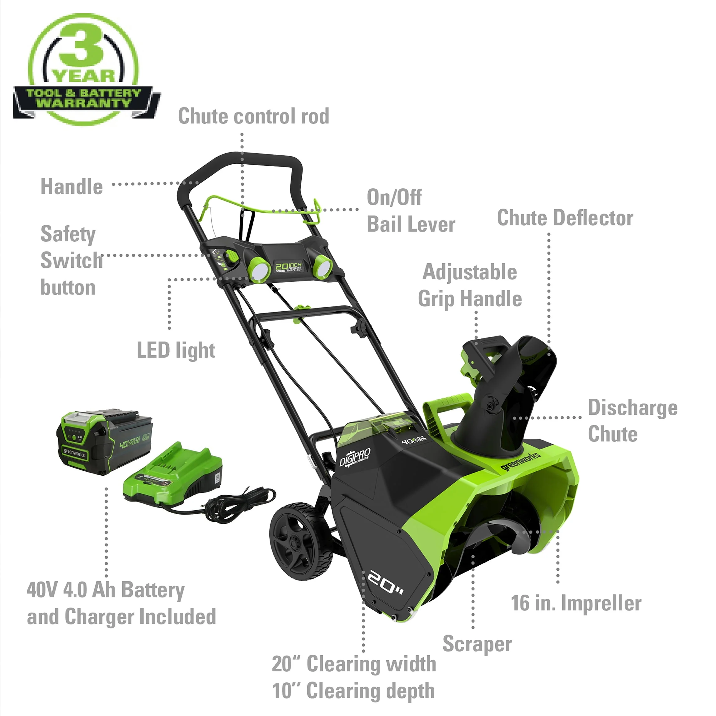 Greenworks 40V 20 Cordless Brushless Snow Blower with 4.0 Ah Battery & Charger, LED Lights, 180掳 Chute