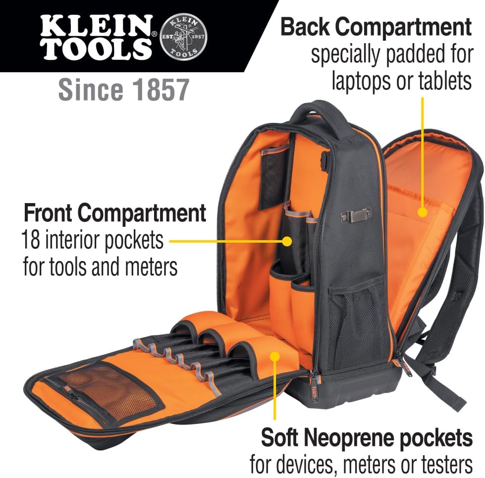 Klein Tools 62805BPTECH 28-Pocket Laptop Backpack Tool Bag, Tradesman Pro Extra-Large Tech Tool Backpack with Molded Bottom, Charging Port